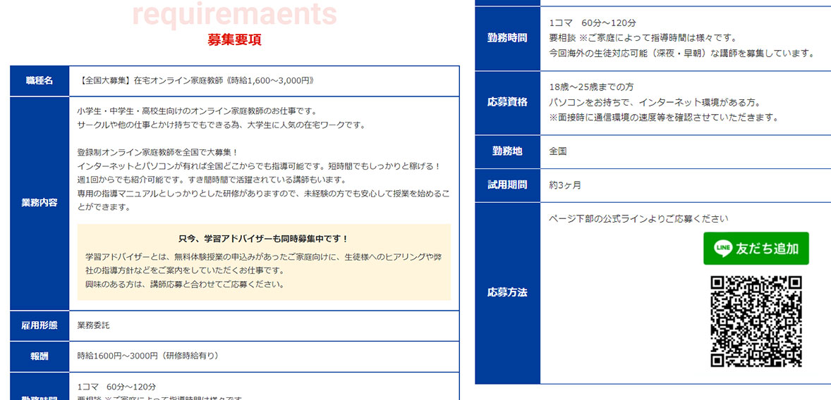 オンライン家庭教師ドリームのバイトの募集要項